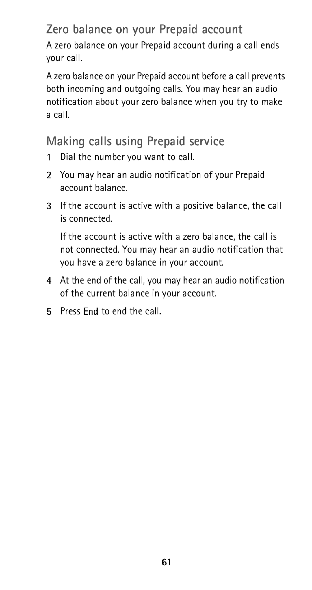 Nokia 5165 manual Zero balance on your Prepaid account, Making calls using Prepaid service 