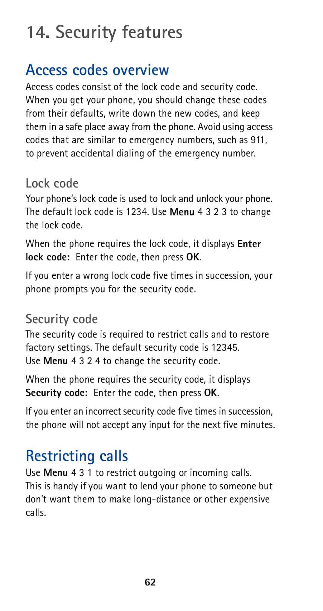 Nokia 5165 manual Security features, Access codes overview, Restricting calls, Lock code, Security code 