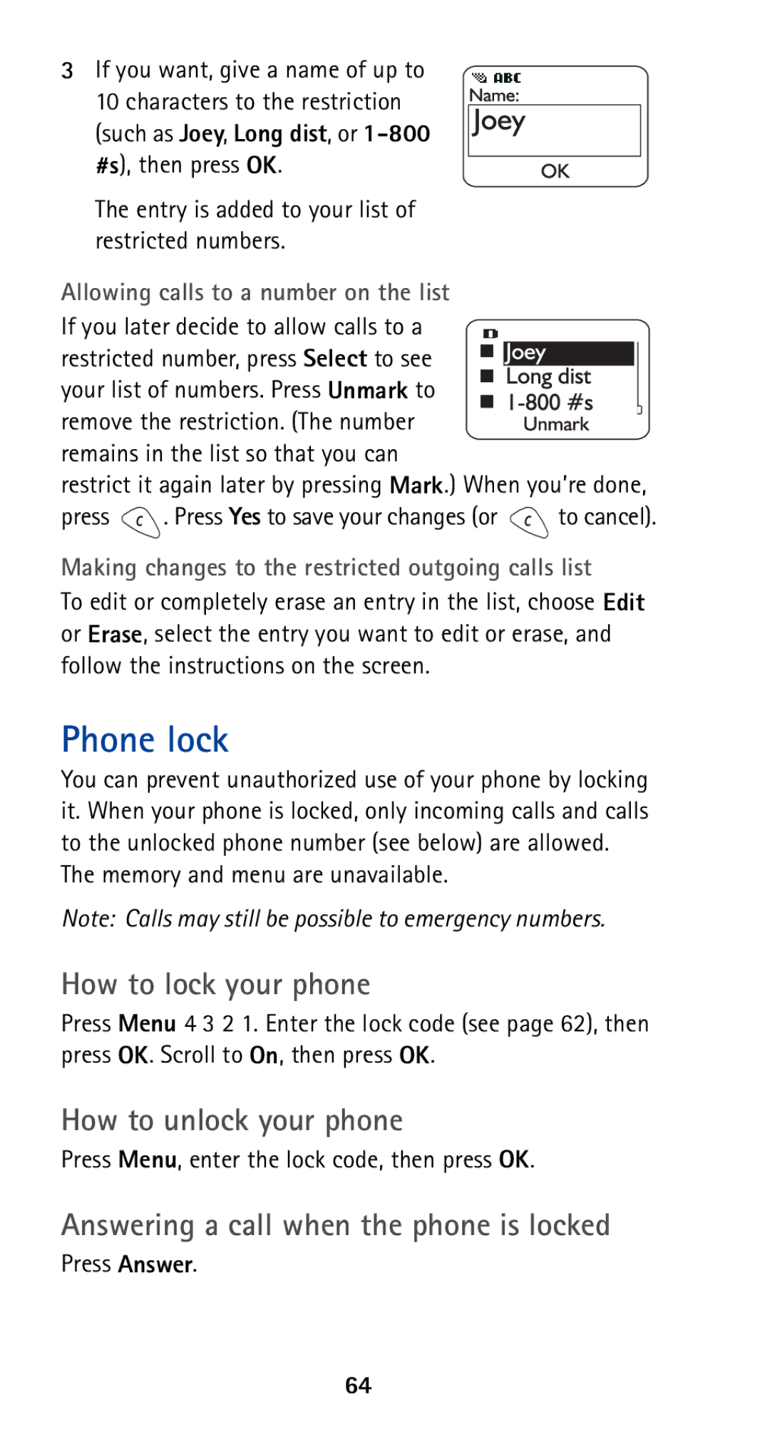 Nokia 5165 manual Phone lock, How to lock your phone, How to unlock your phone, Answering a call when the phone is locked 