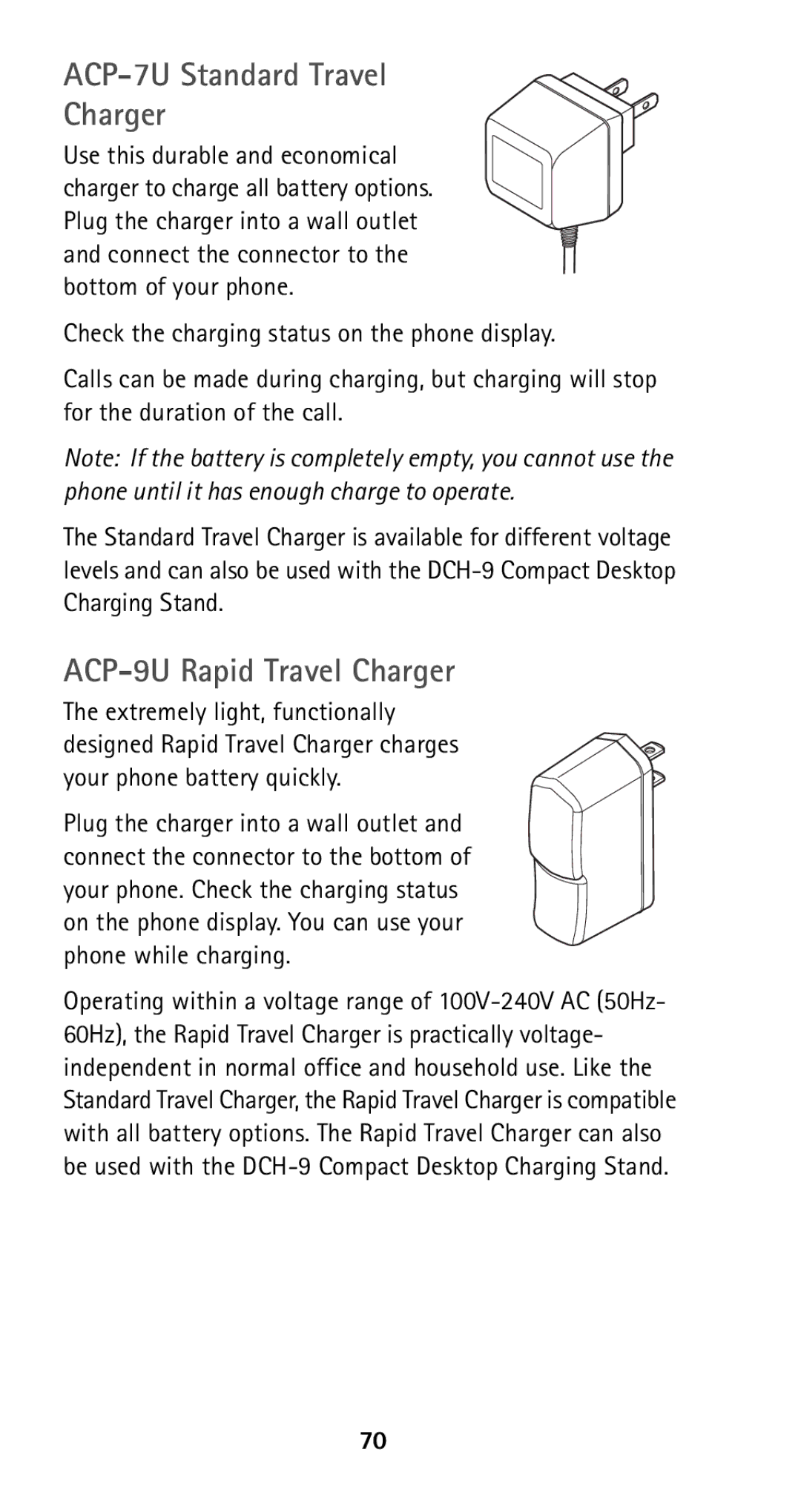 Nokia 5165 manual ACP-7U Standard Travel Charger, ACP-9U Rapid Travel Charger 