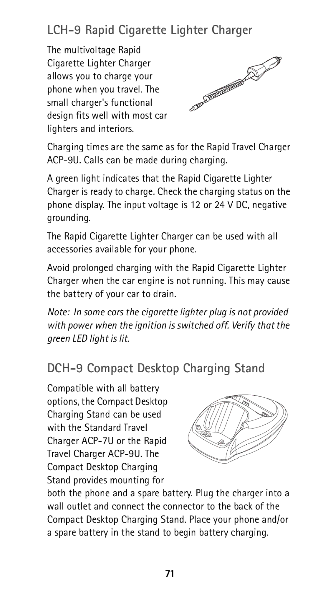 Nokia 5165 manual LCH-9 Rapid Cigarette Lighter Charger, DCH-9 Compact Desktop Charging Stand, Compatible with all battery 