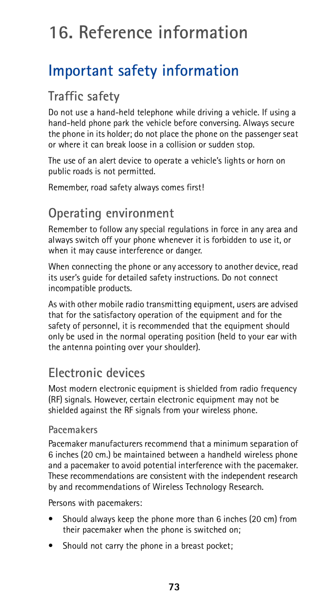 Nokia 5165 Reference information, Important safety information, Traffic safety, Operating environment, Electronic devices 