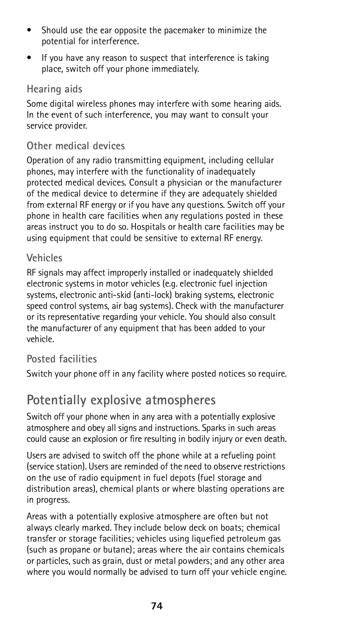 Nokia 5165 manual Potentially explosive atmospheres, Hearing aids, Other medical devices, Vehicles, Posted facilities 