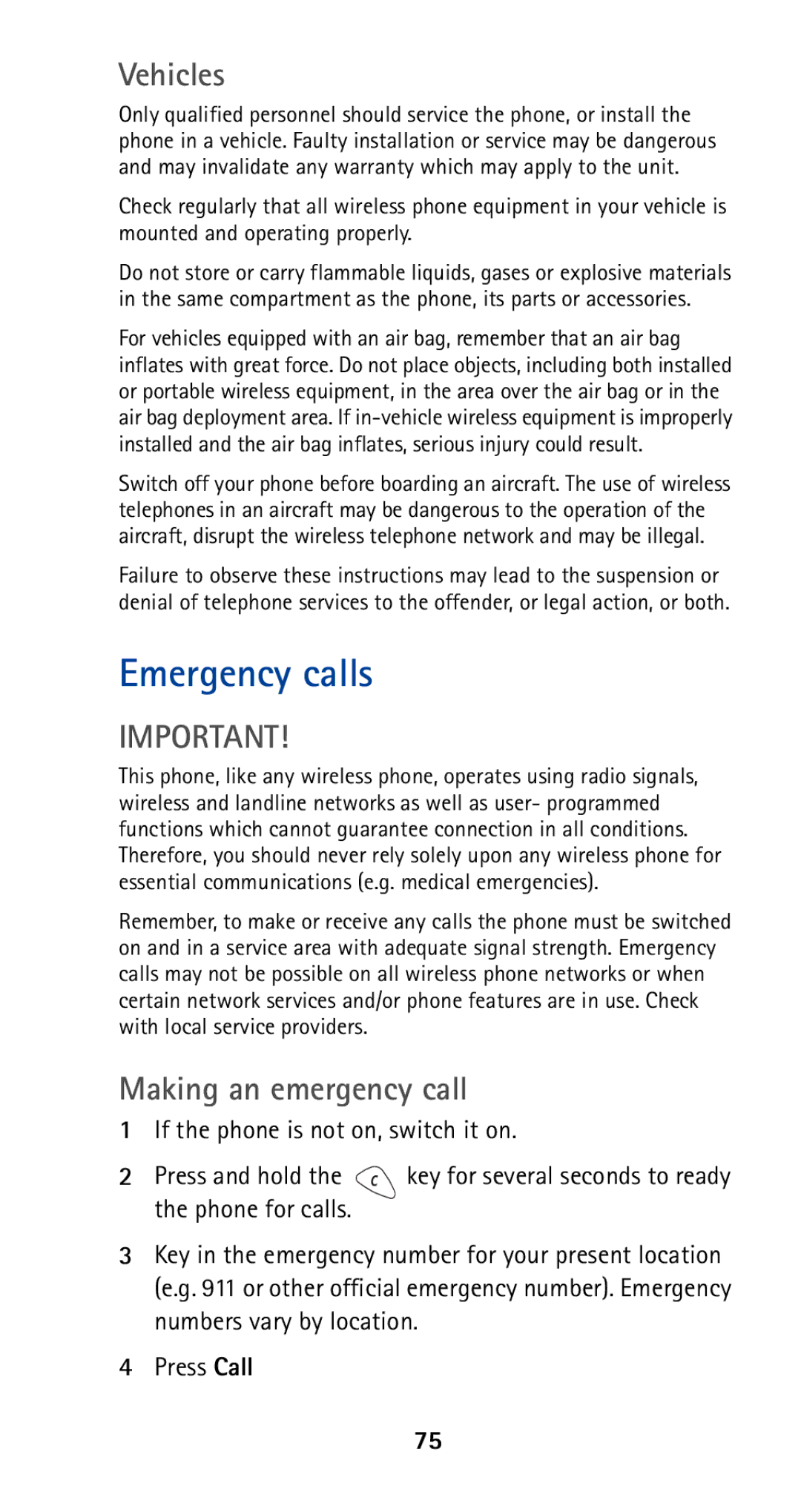 Nokia 5165 manual Emergency calls, Vehicles, Making an emergency call 