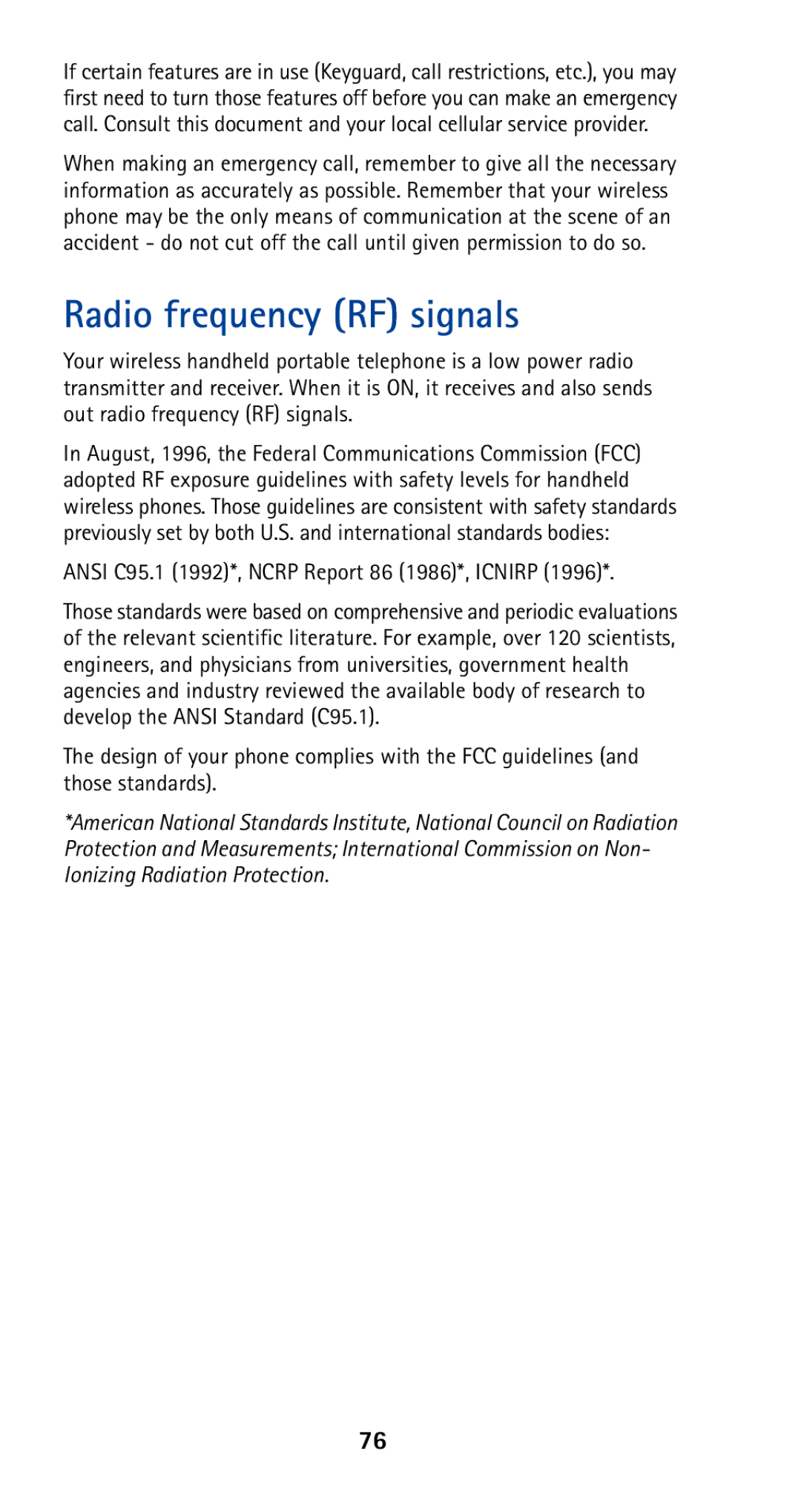 Nokia 5165 manual Radio frequency RF signals, Ansi C95.1 1992*, Ncrp Report 86 1986*, Icnirp 