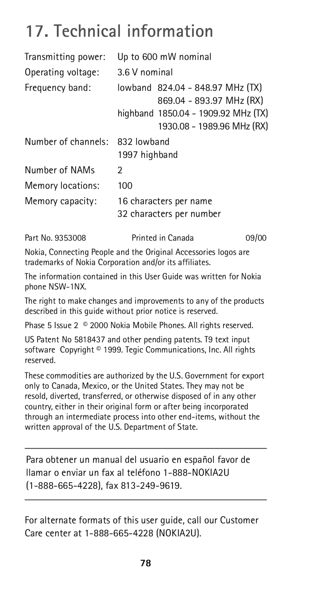 Nokia 5165 manual Technical information, Characters per number 