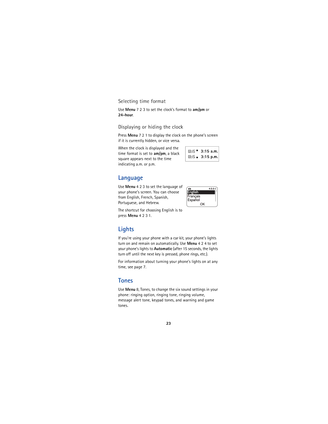 Nokia 5170 owner manual Language, Tones, Selecting time format, Displaying or hiding the clock 