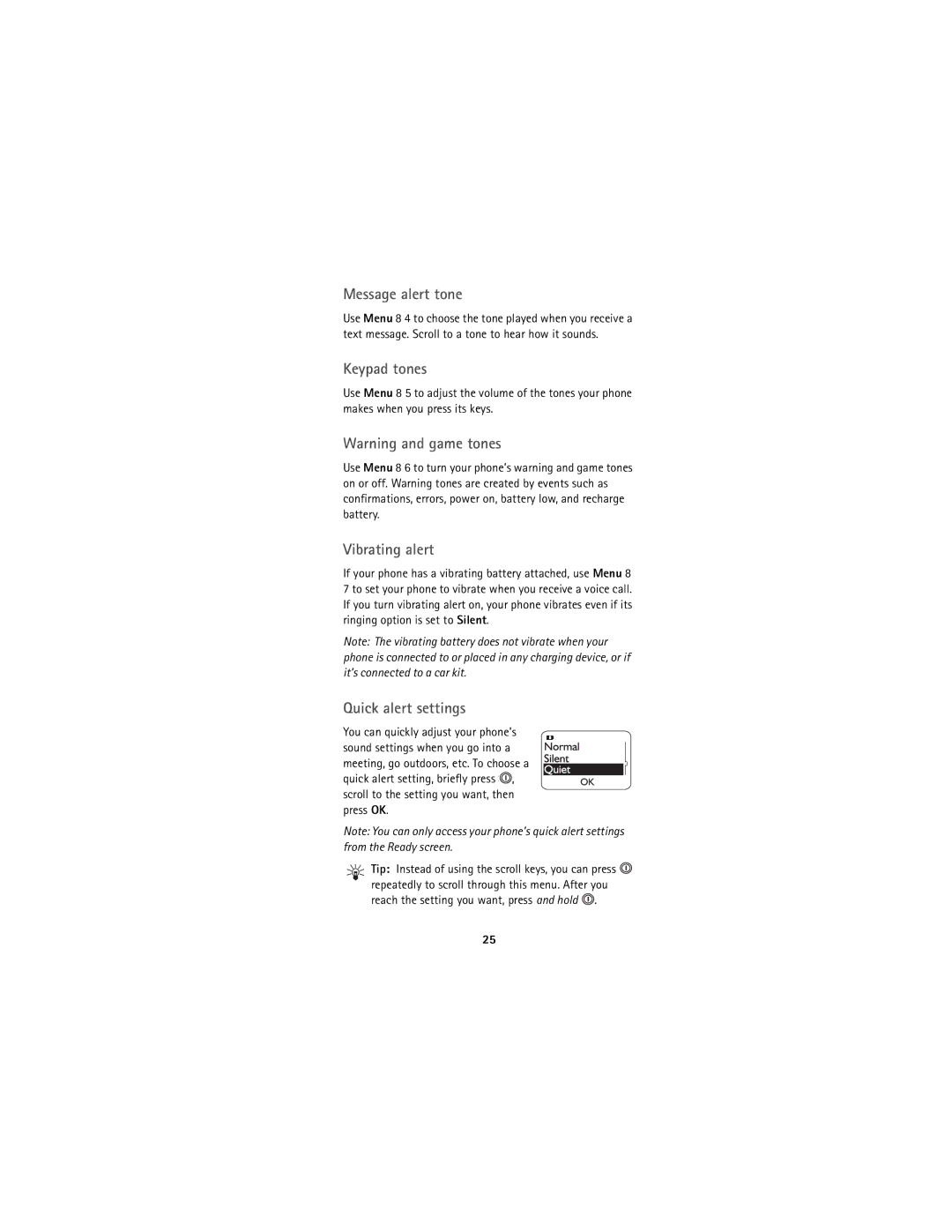 Nokia 5170 owner manual Message alert tone, Keypad tones, Vibrating alert, Quick alert settings 