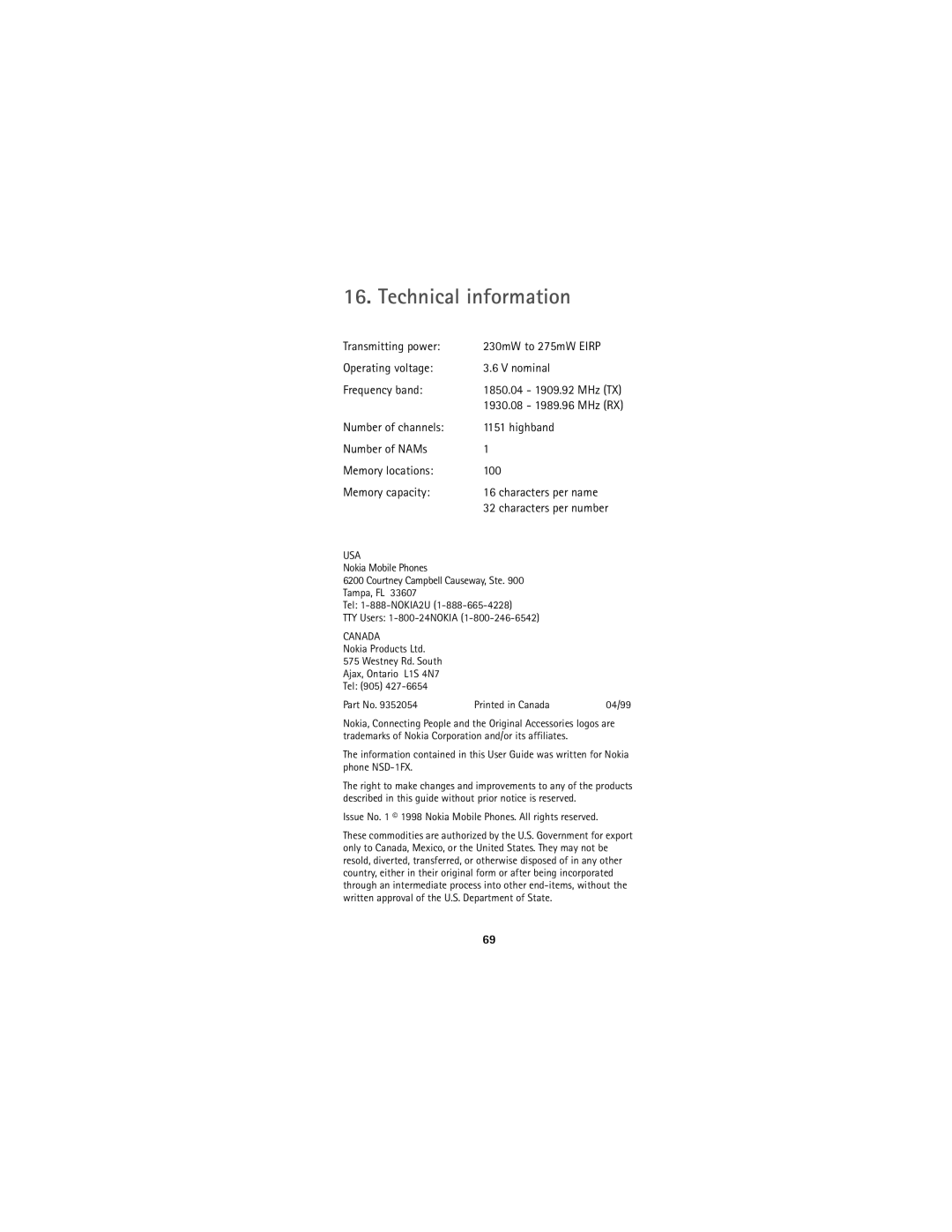 Nokia 5170 Technical information, Transmitting power, Operating voltage Nominal Frequency band, Characters per number 