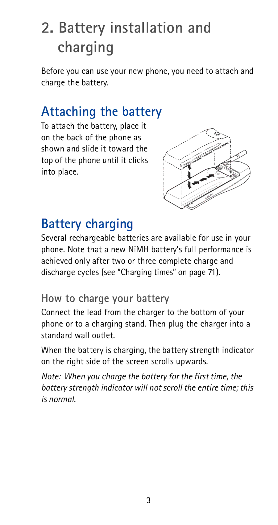 Nokia 5170i manual Battery installation and charging, Attaching the battery, Battery charging, How to charge your battery 