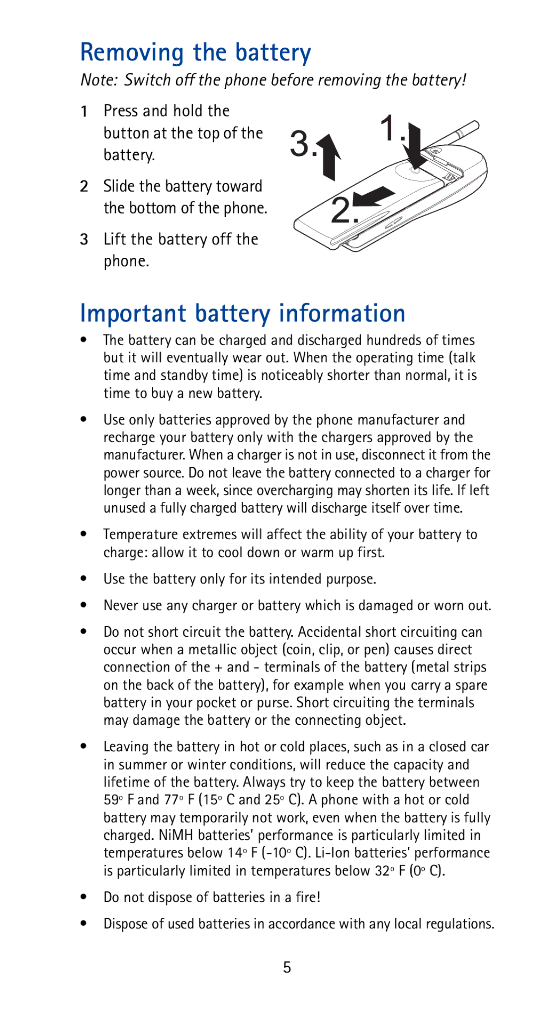 Nokia 5170i manual Removing the battery, Important battery information, Press and hold Button at the top of the battery 