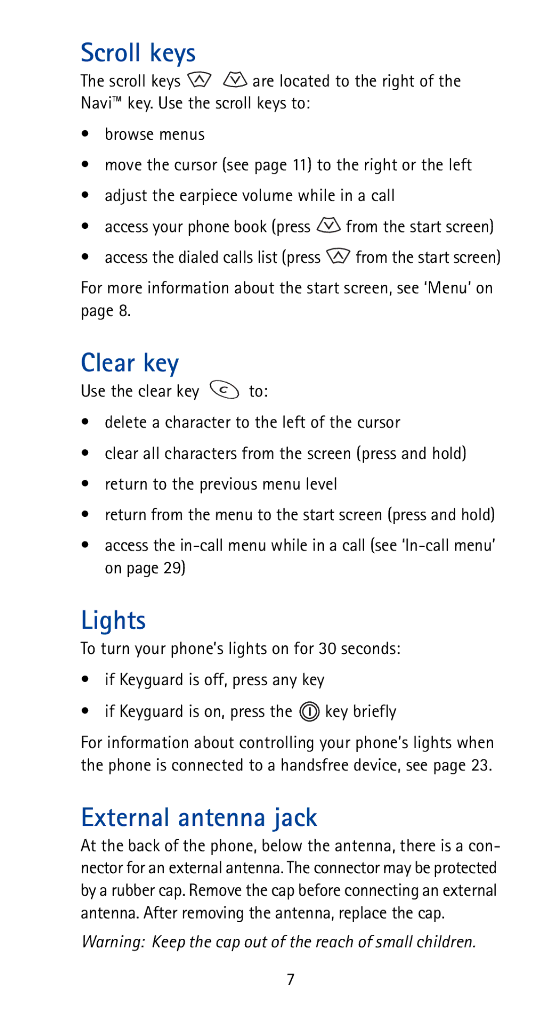 Nokia 5170i manual Scroll keys, Clear key, Lights, External antenna jack 