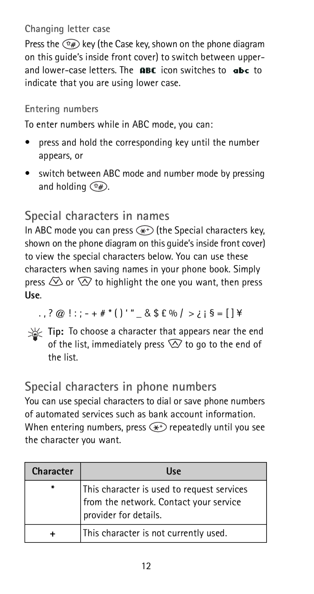 Nokia 5170i manual Special characters in names, Special characters in phone numbers, Changing letter case, Entering numbers 