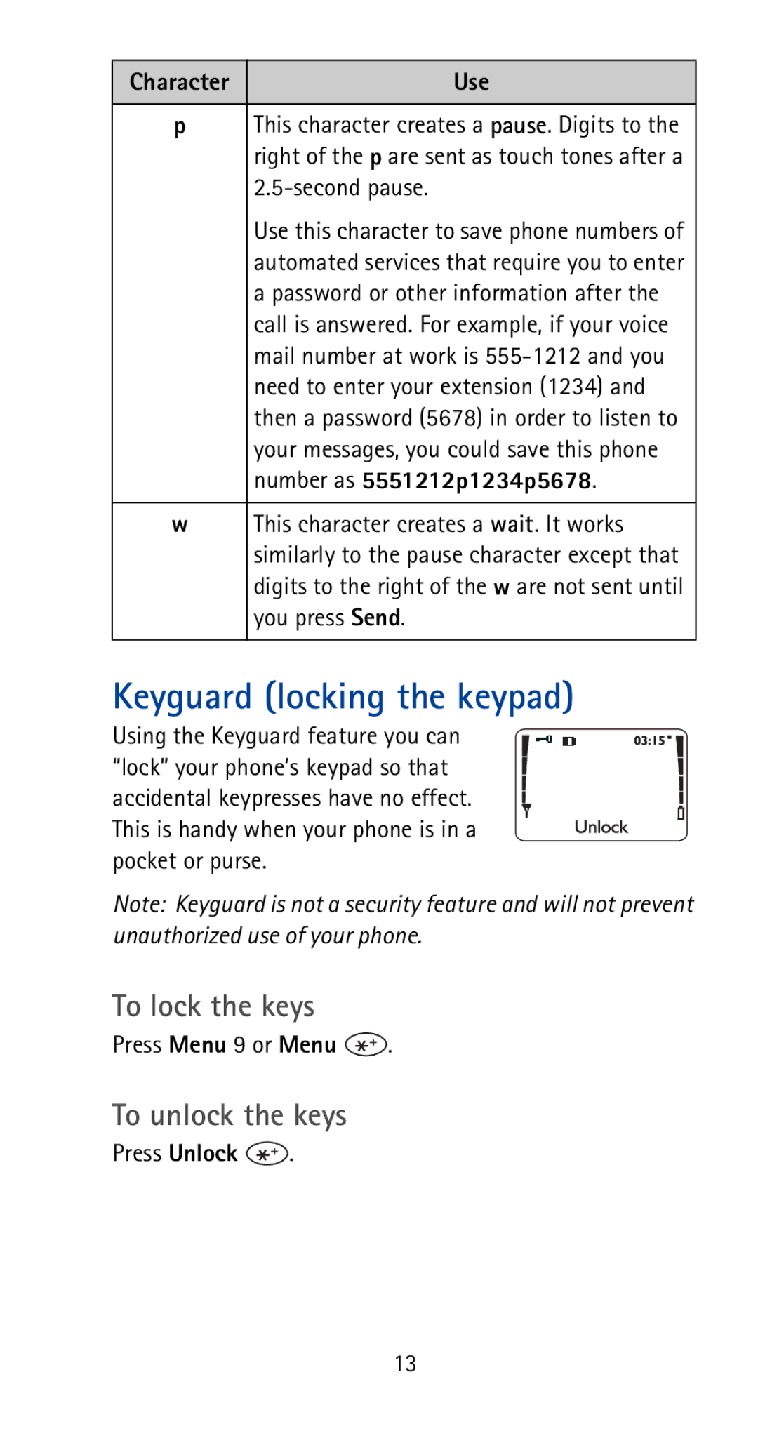 Nokia 5170i manual Keyguard locking the keypad, To lock the keys, To unlock the keys 