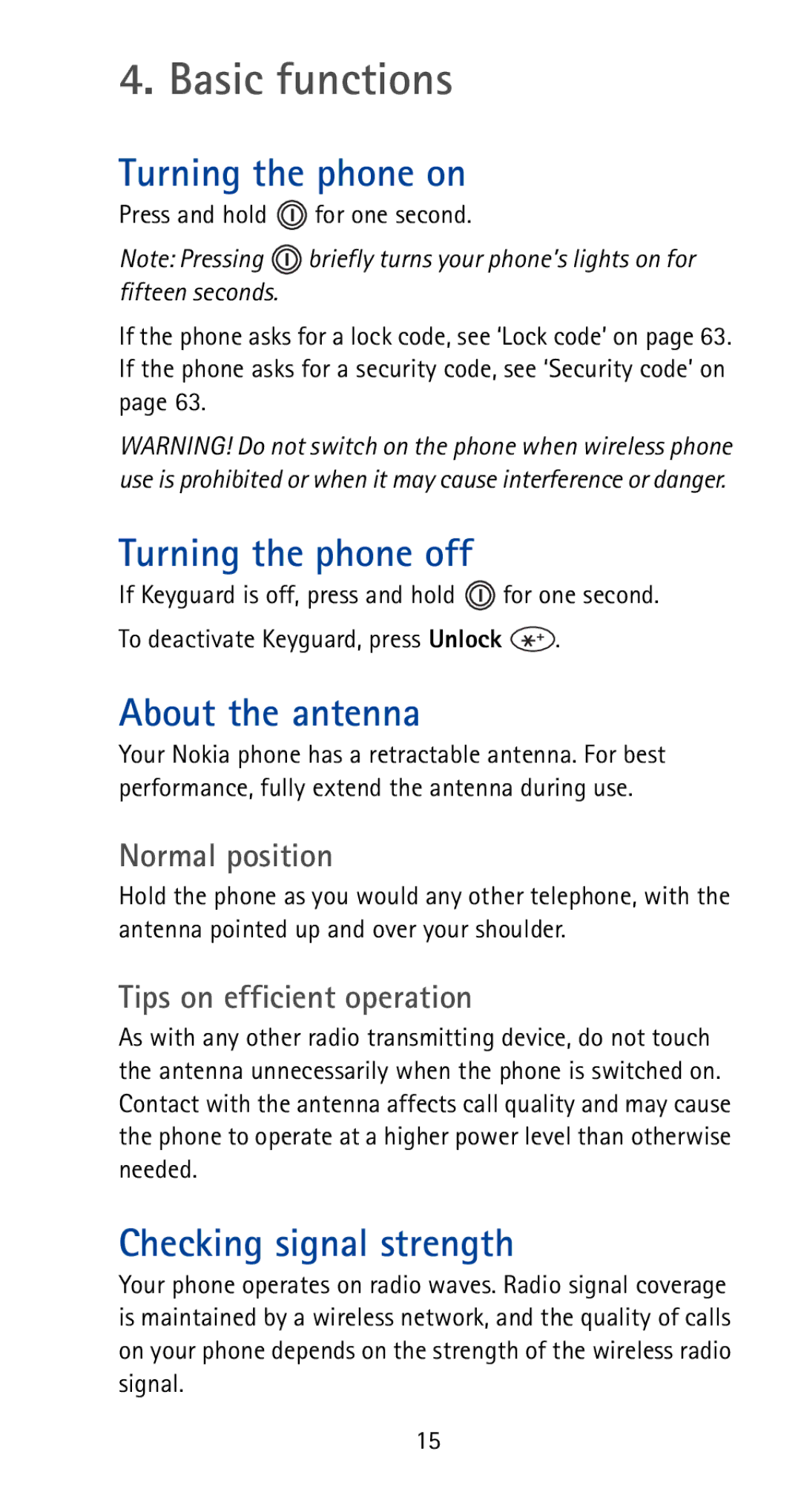 Nokia 5170i Basic functions, Turning the phone on, Turning the phone off, About the antenna, Checking signal strength 