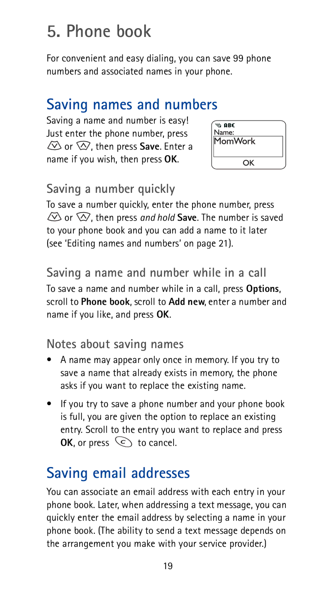 Nokia 5170i manual Phone book, Saving names and numbers, Saving email addresses, Saving a number quickly 
