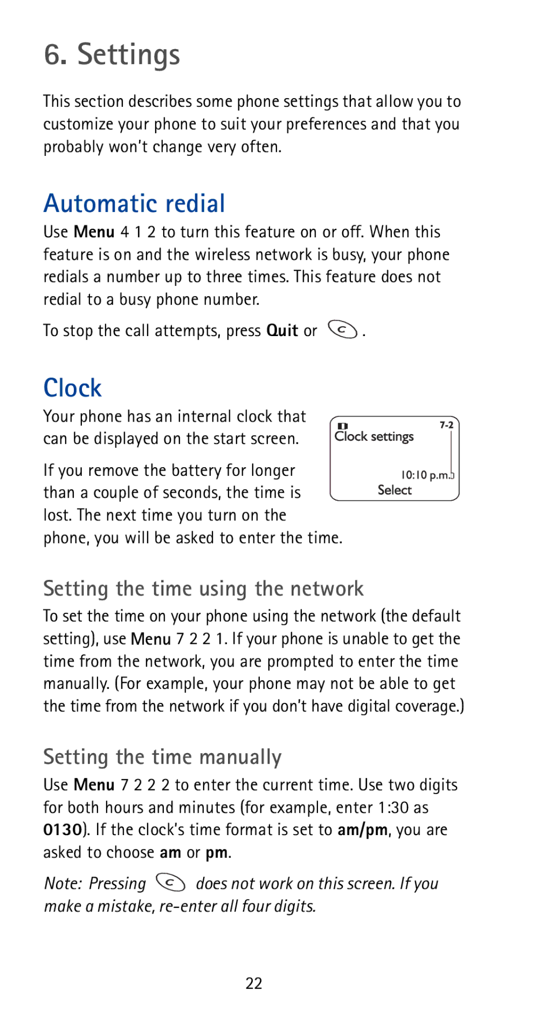 Nokia 5170i Settings, Automatic redial, Clock, Setting the time using the network, Setting the time manually 