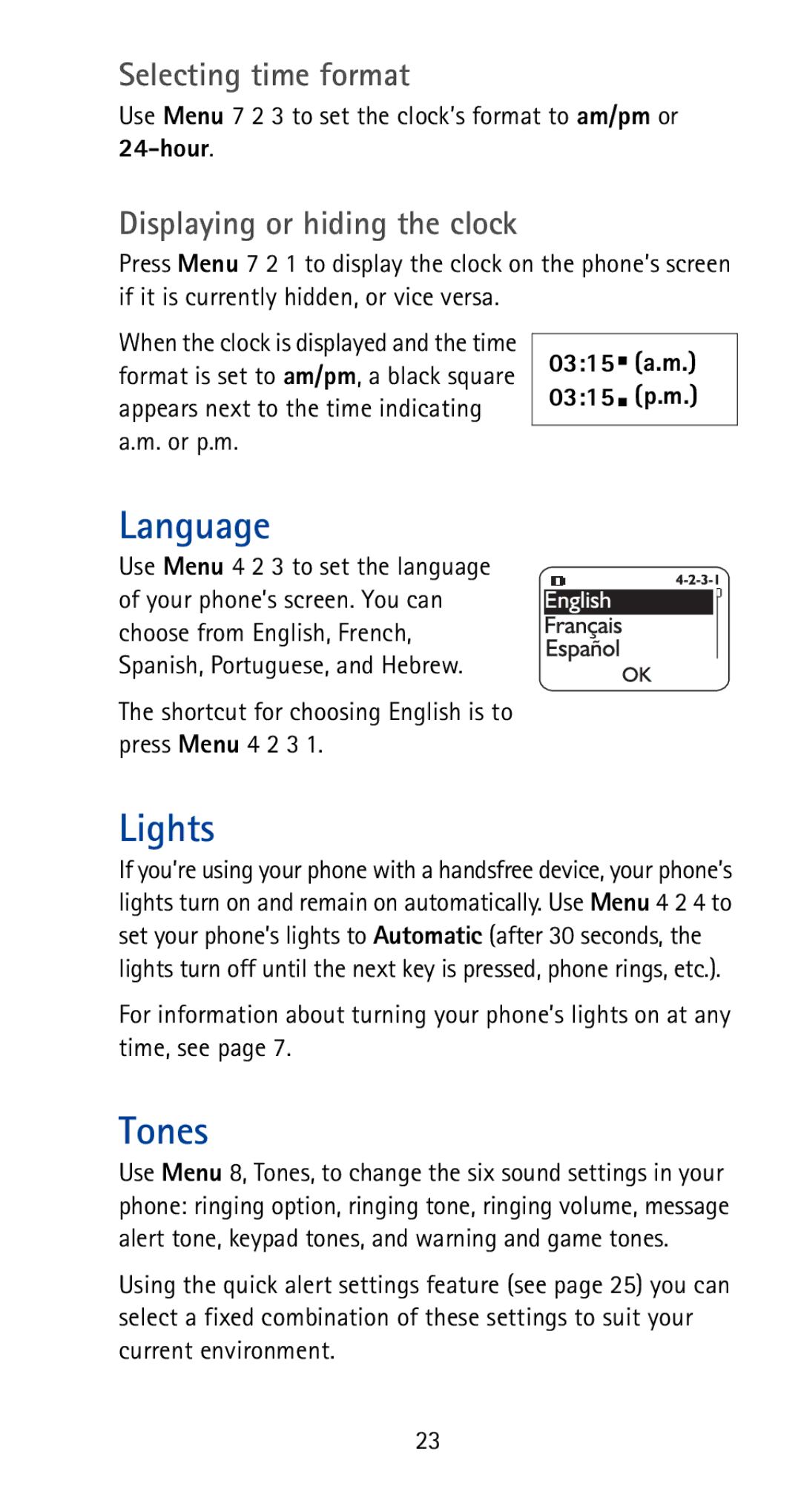 Nokia 5170i manual Language, Tones, Selecting time format, Displaying or hiding the clock 