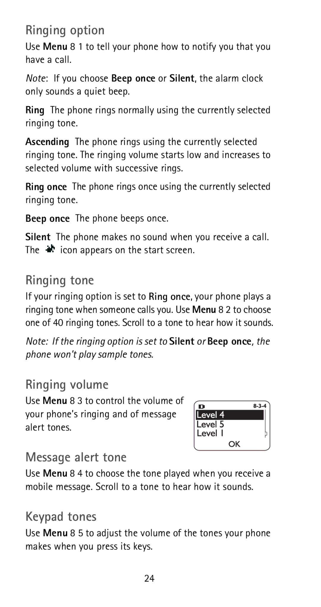 Nokia 5170i manual Ringing option, Ringing tone, Ringing volume, Message alert tone, Keypad tones 