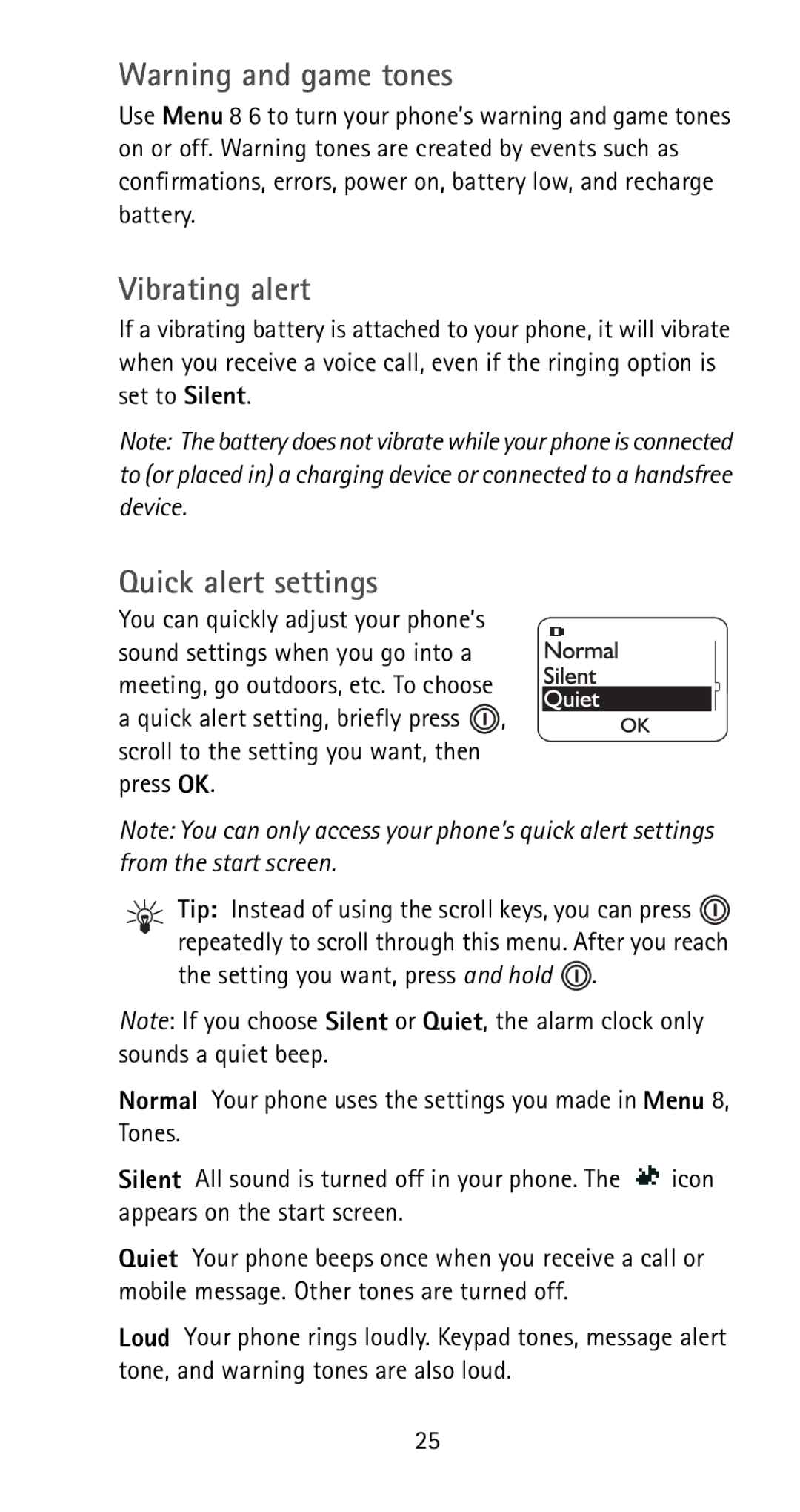 Nokia 5170i manual Vibrating alert, Quick alert settings 