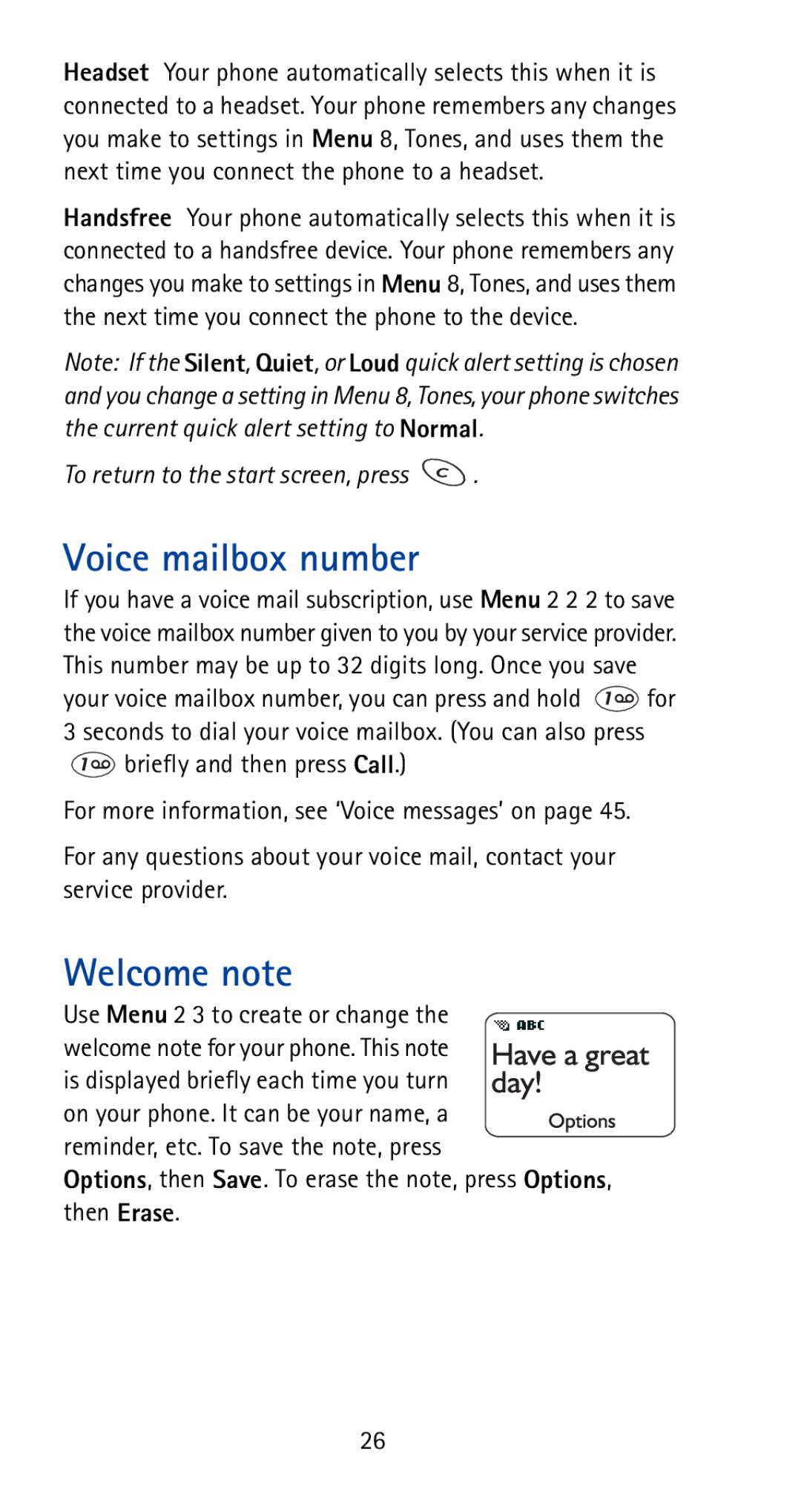 Nokia 5170i manual Voice mailbox number, Welcome note 