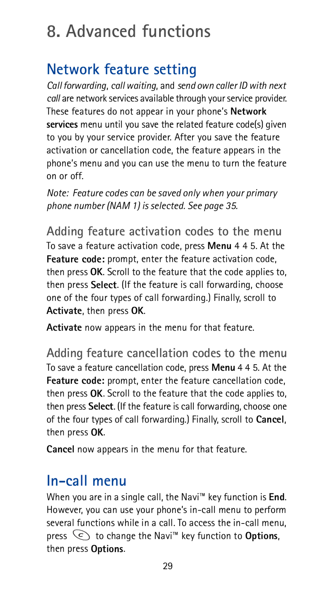 Nokia 5170i Advanced functions, Network feature setting, In-call menu, Activate now appears in the menu for that feature 