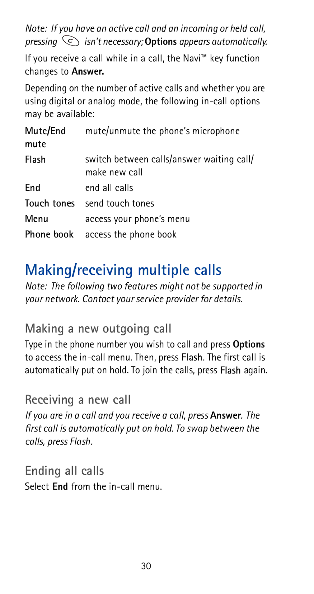 Nokia 5170i manual Making/receiving multiple calls, Making a new outgoing call, Receiving a new call, Ending all calls 