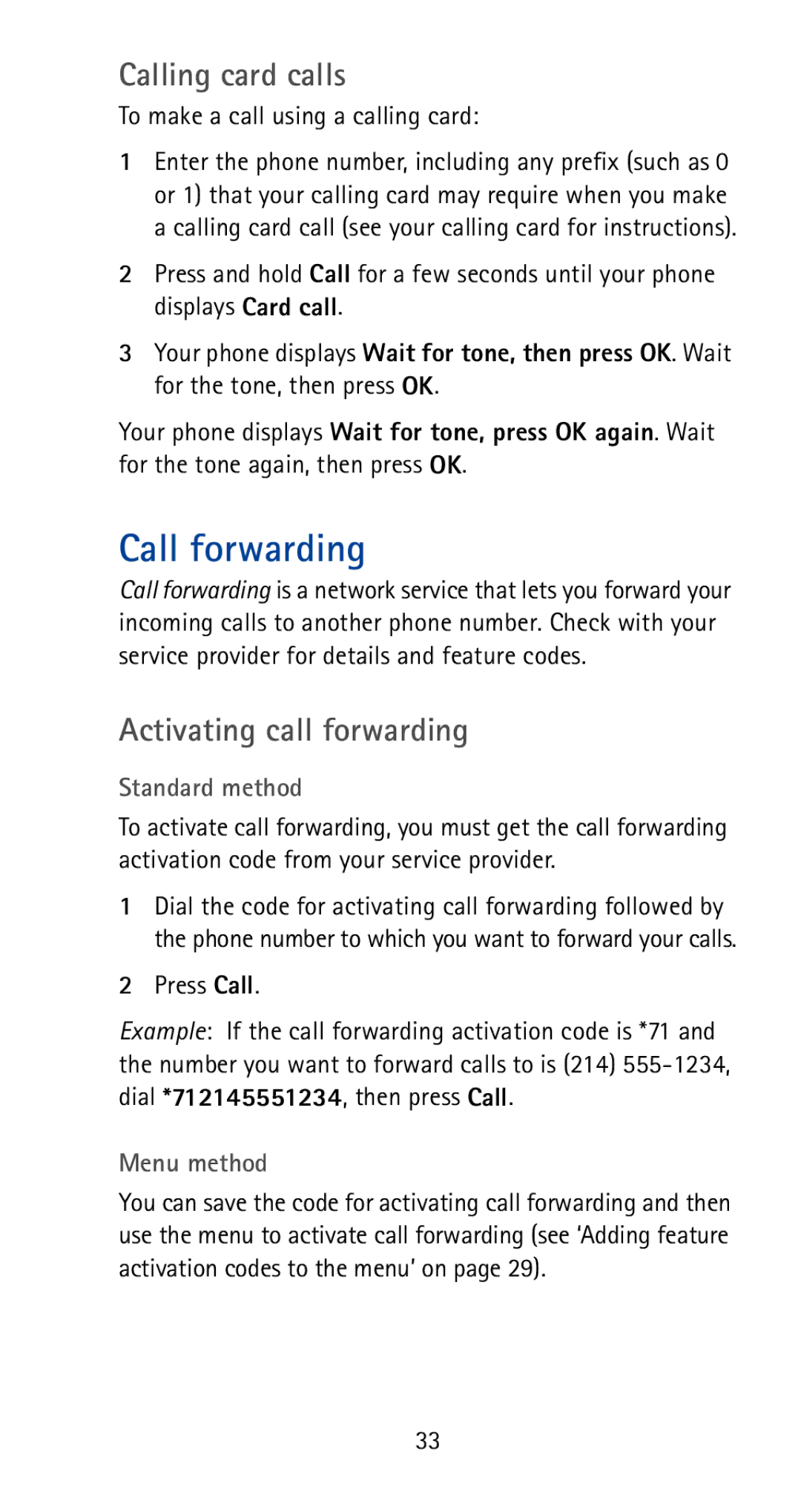 Nokia 5170i manual Call forwarding, Calling card calls, Activating call forwarding, Standard method, Menu method 