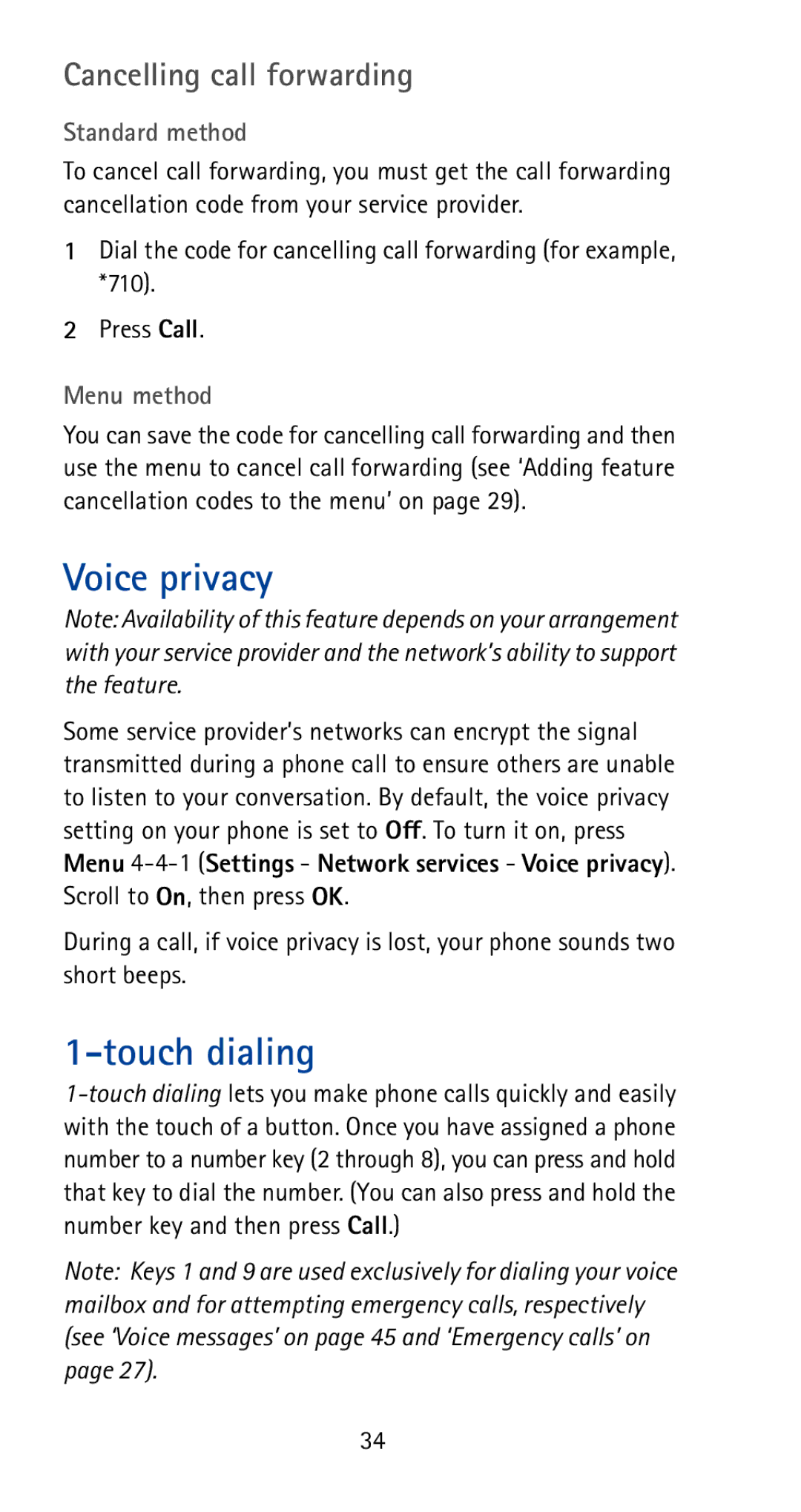 Nokia 5170i manual Voice privacy, Touch dialing, Cancelling call forwarding 