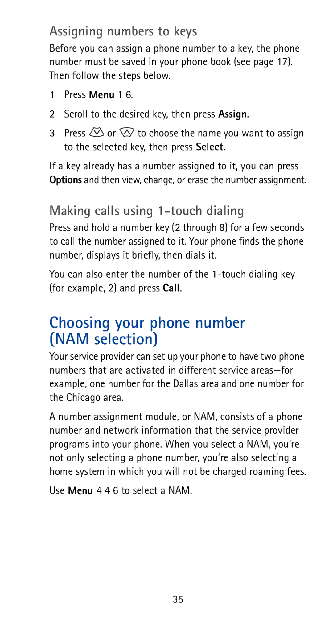 Nokia 5170i manual Choosing your phone number NAM selection, Assigning numbers to keys, Making calls using 1-touch dialing 