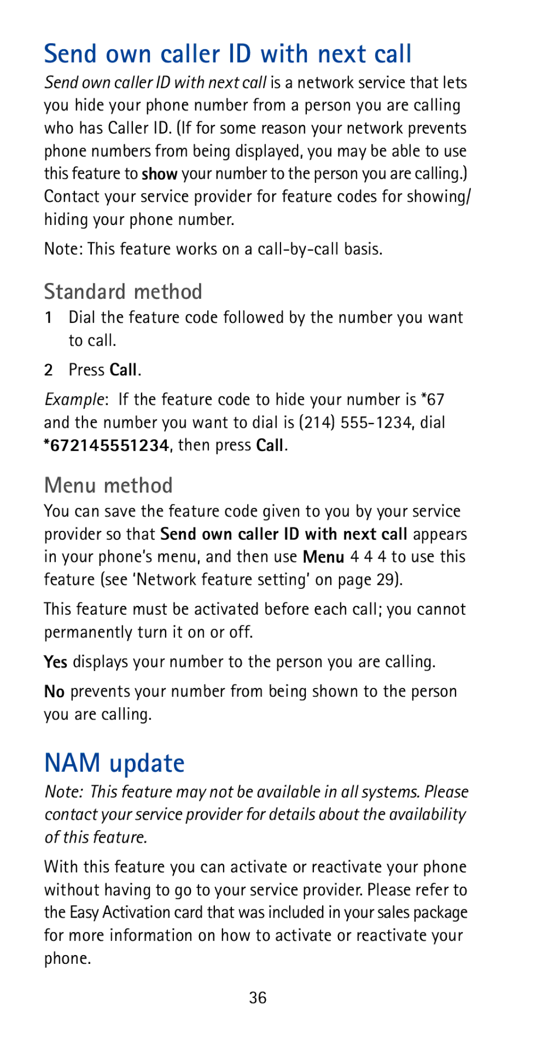 Nokia 5170i manual Send own caller ID with next call, NAM update, Standard method, Menu method 