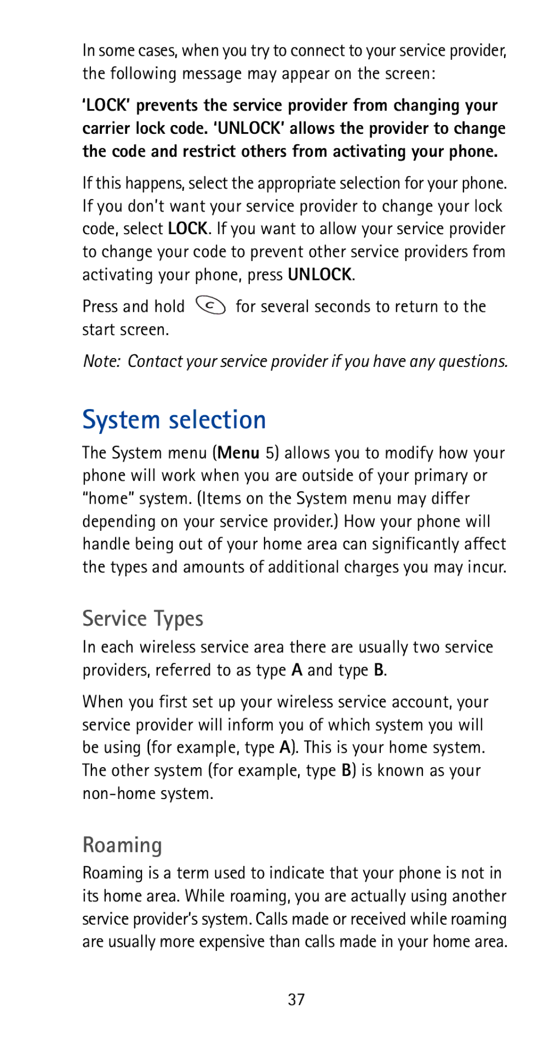 Nokia 5170i manual System selection, Service Types, Roaming 