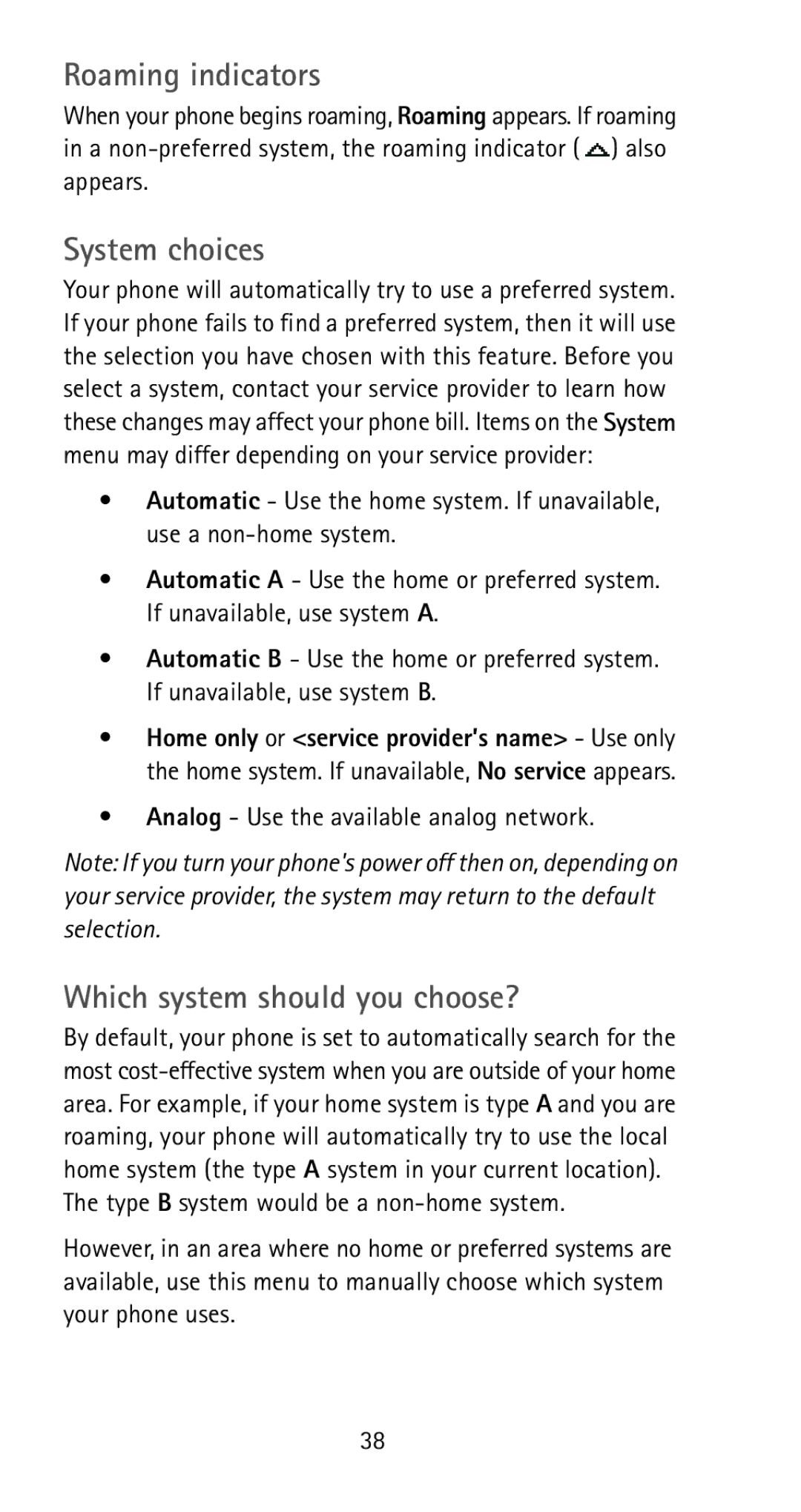 Nokia 5170i Roaming indicators, System choices, Which system should you choose?, Analog Use the available analog network 