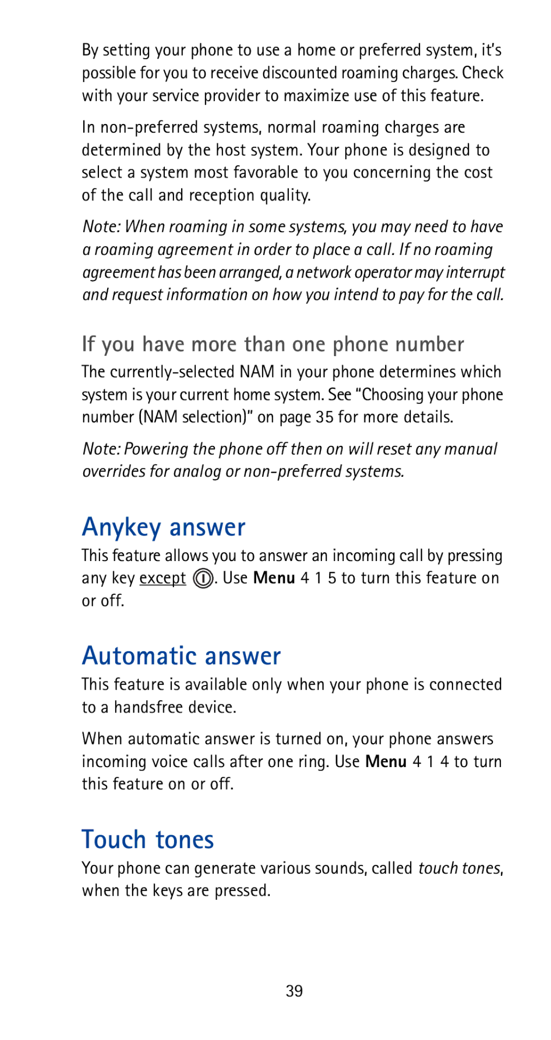 Nokia 5170i manual Anykey answer, Automatic answer, Touch tones, If you have more than one phone number 