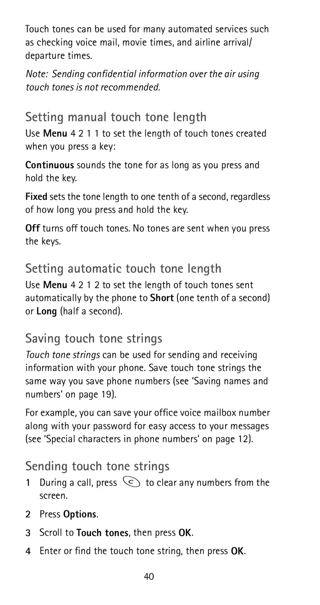 Nokia 5170i Setting manual touch tone length, Setting automatic touch tone length, Saving touch tone strings 