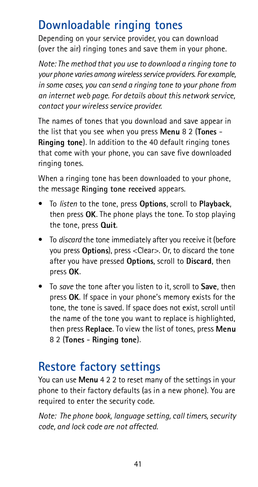 Nokia 5170i manual Downloadable ringing tones, Restore factory settings 