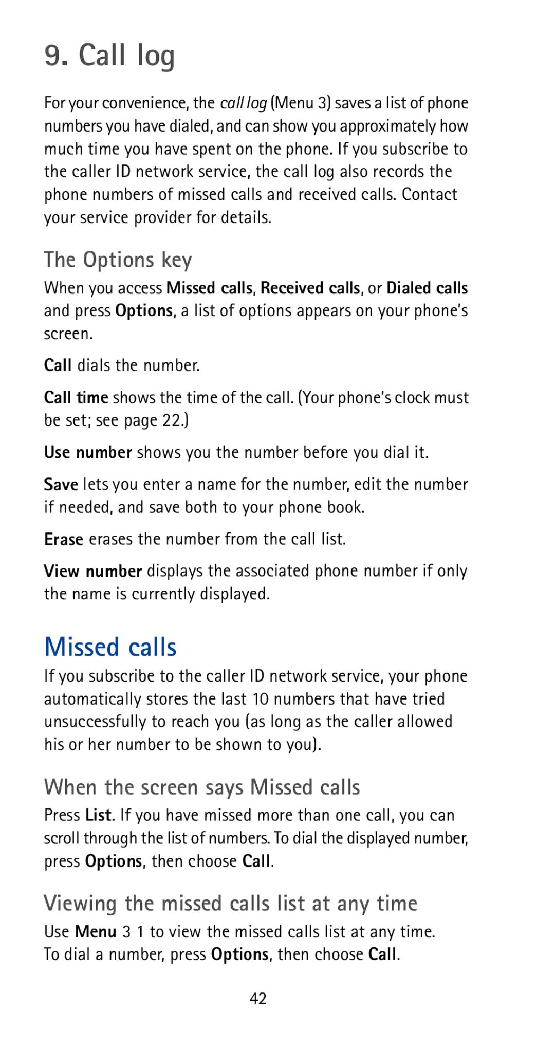 Nokia 5170i manual Call log, Options key, When the screen says Missed calls, Viewing the missed calls list at any time 