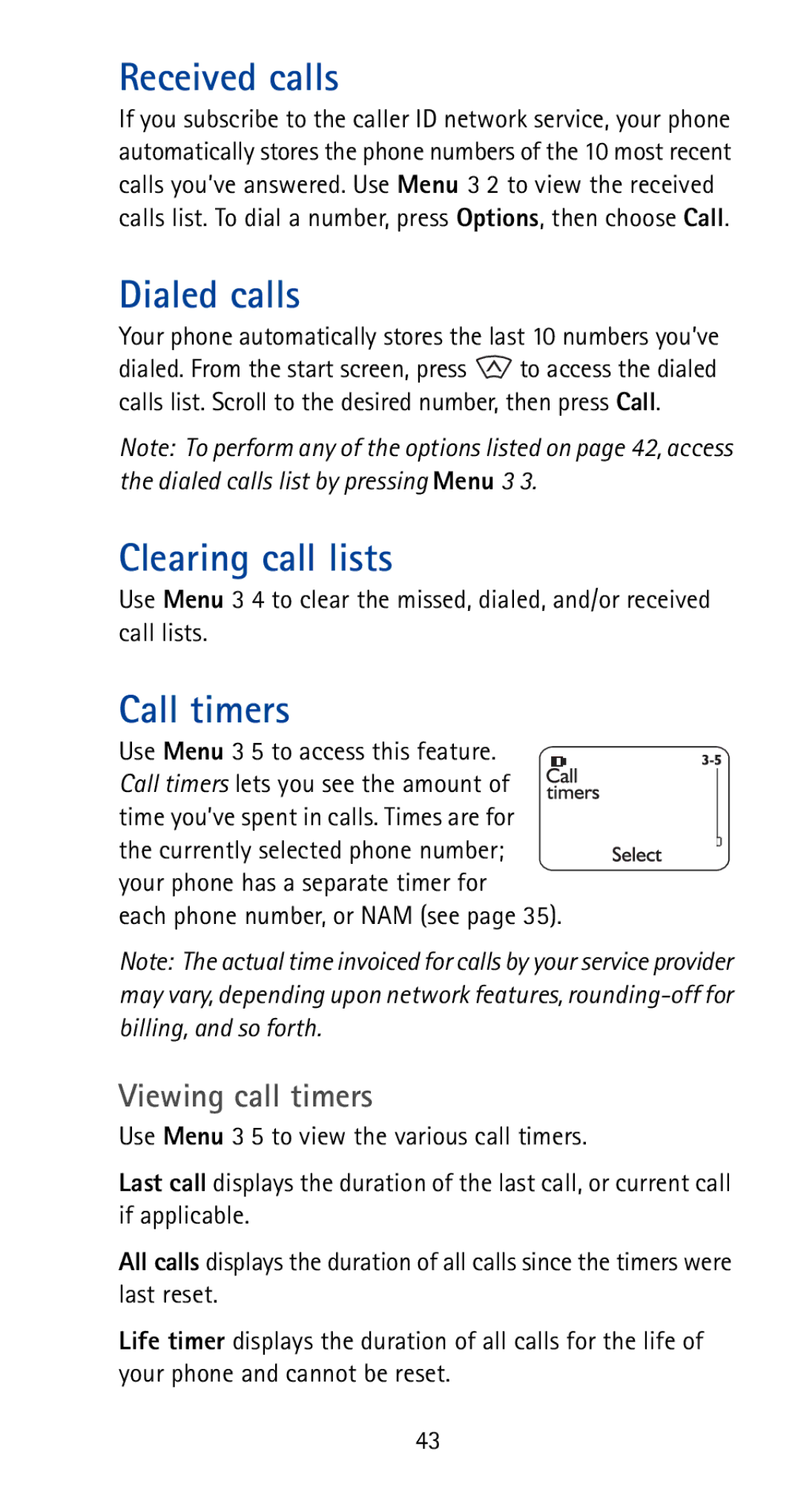 Nokia 5170i manual Received calls, Dialed calls, Clearing call lists, Call timers, Viewing call timers 