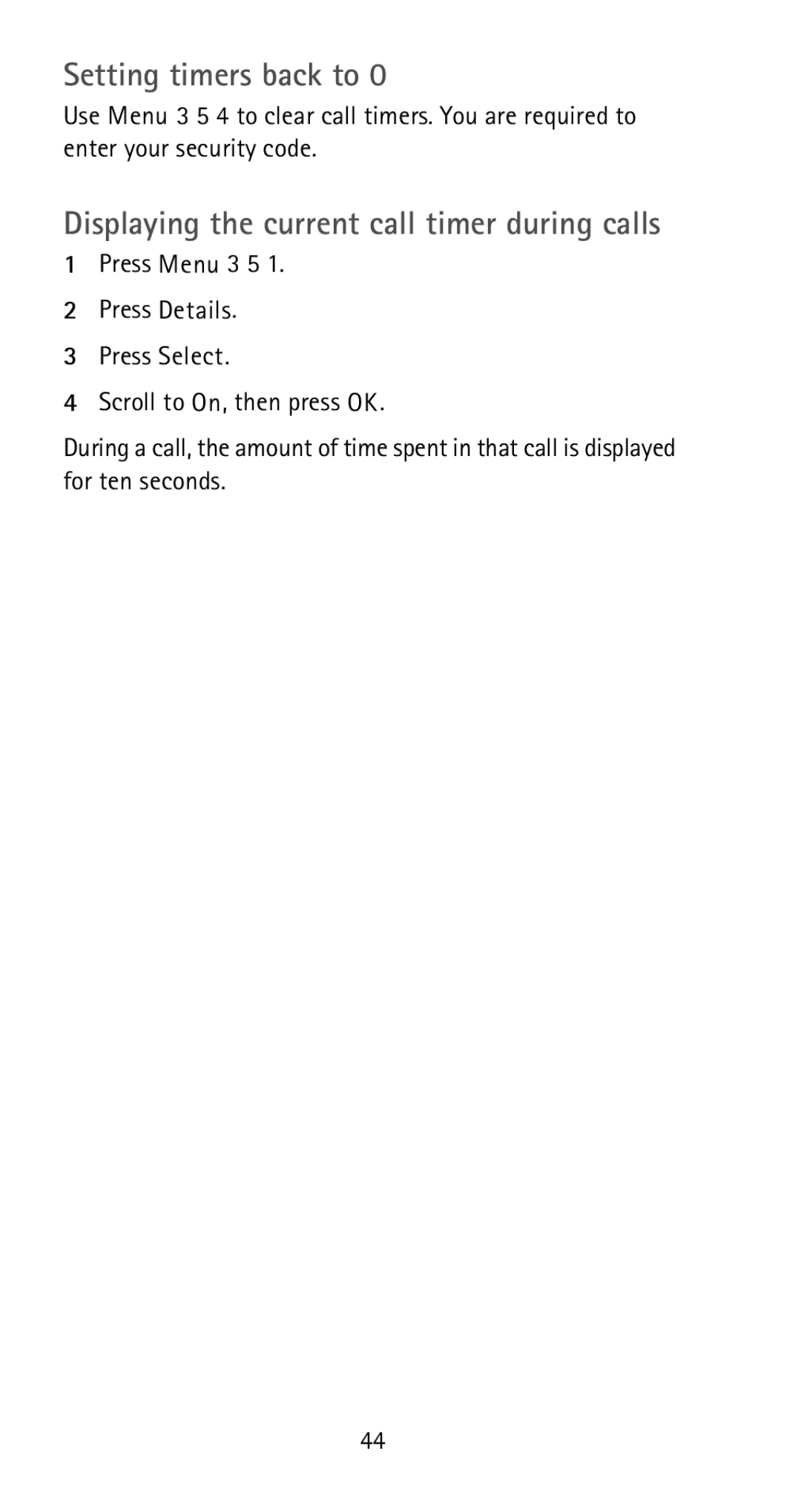Nokia 5170i manual Setting timers back to, Displaying the current call timer during calls 