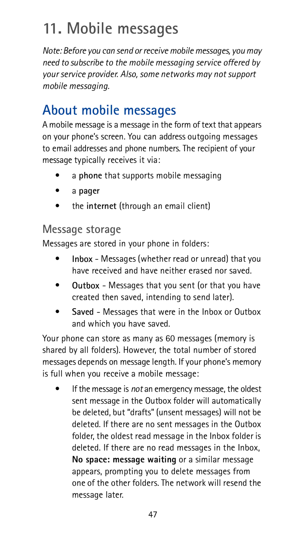 Nokia 5170i manual Mobile messages, About mobile messages, Message storage 