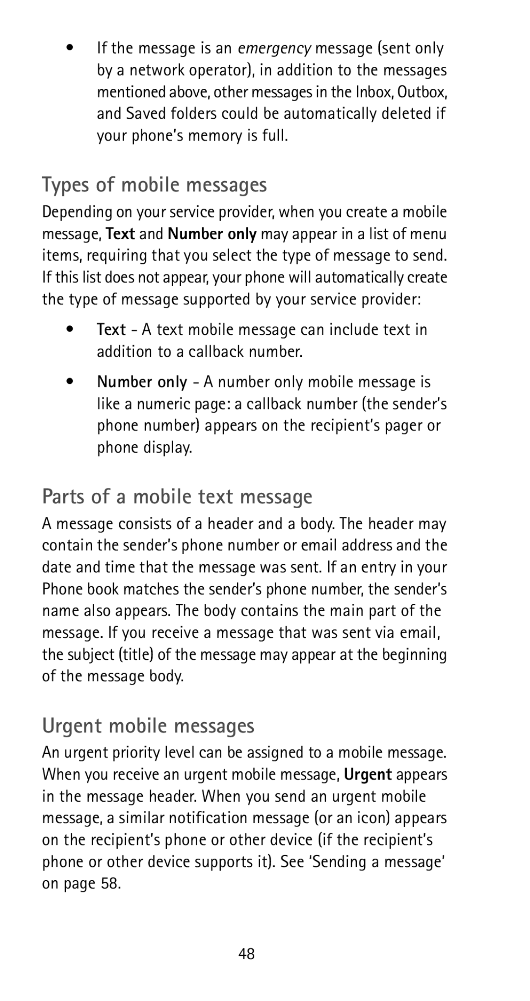 Nokia 5170i manual Types of mobile messages, Parts of a mobile text message, Urgent mobile messages 