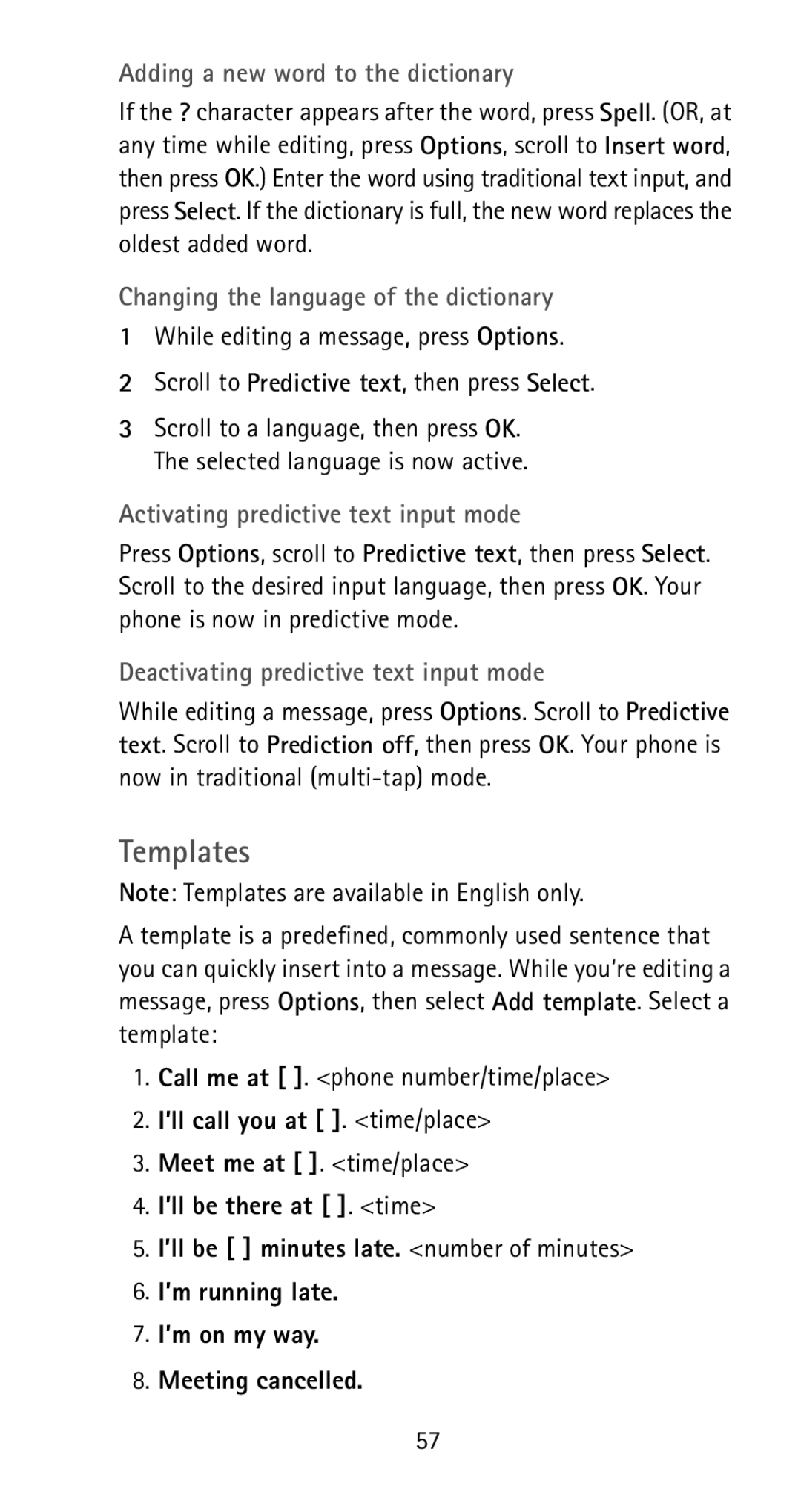 Nokia 5170i manual Templates, Adding a new word to the dictionary, Changing the language of the dictionary 