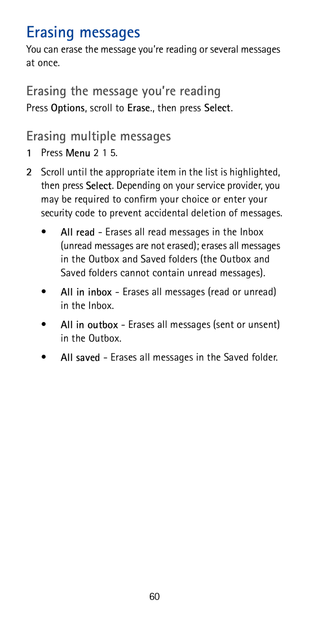 Nokia 5170i manual Erasing messages, Erasing the message you’re reading, Erasing multiple messages, Press Menu 2 1 
