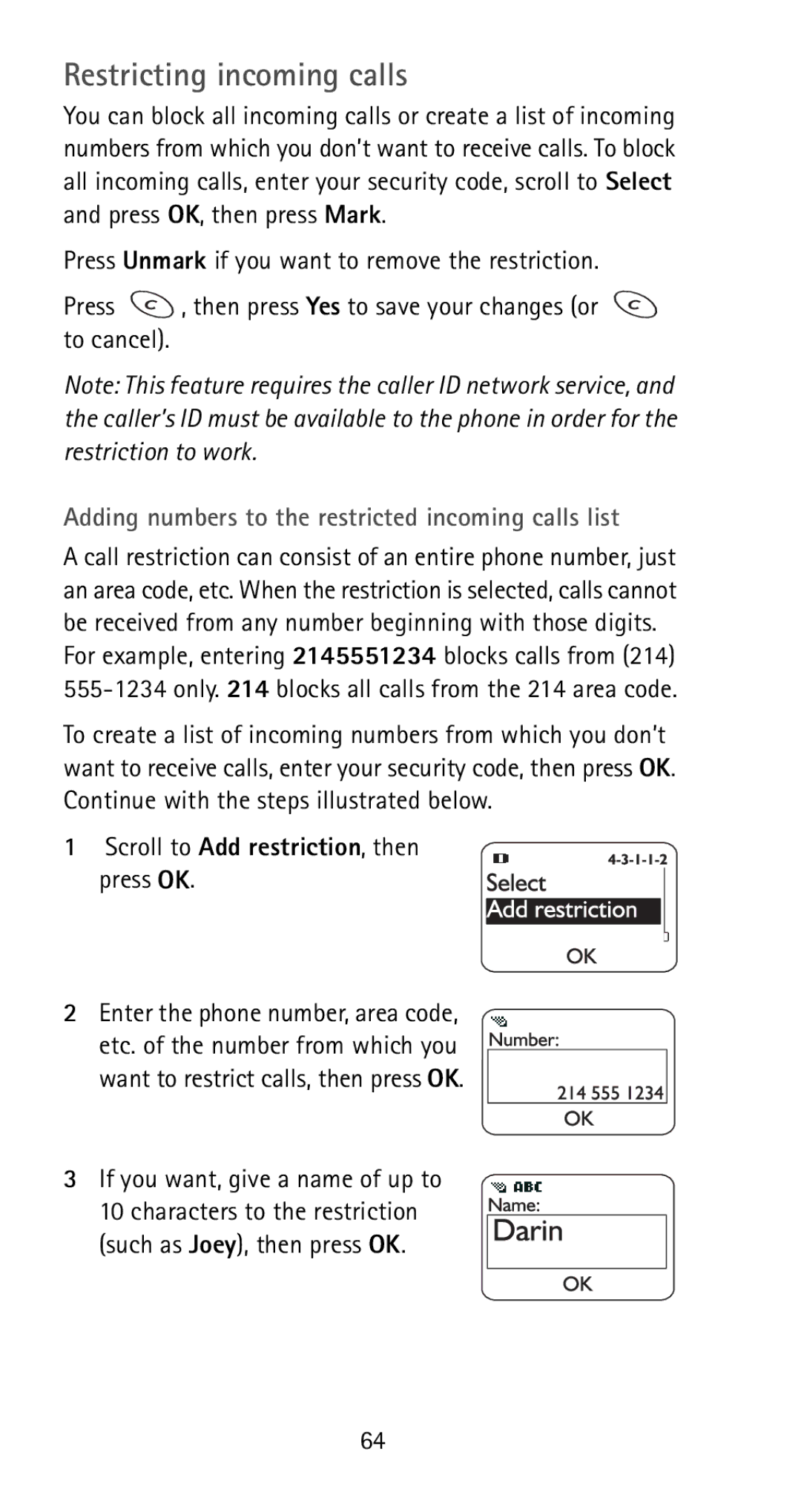 Nokia 5170i manual Restricting incoming calls, Adding numbers to the restricted incoming calls list 