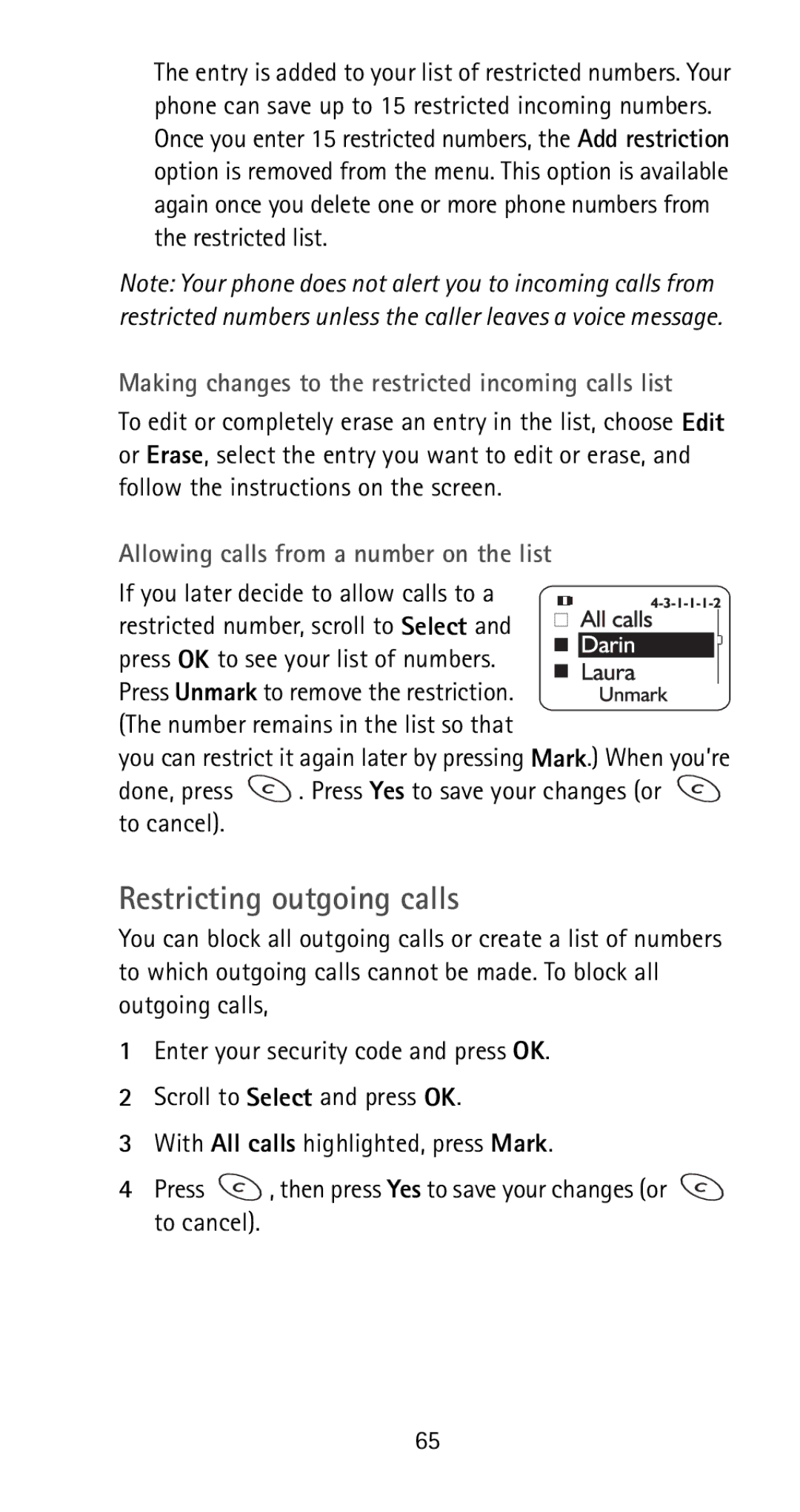 Nokia 5170i Restricting outgoing calls, Allowing calls from a number on the list, If you later decide to allow calls to a 