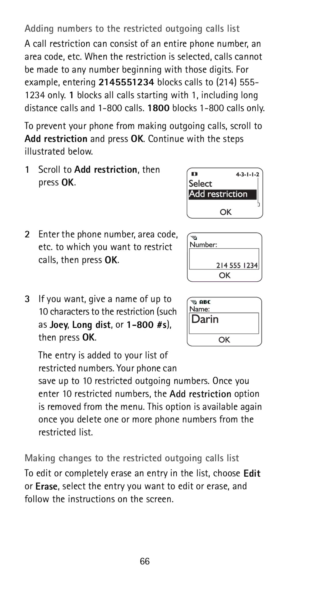 Nokia 5170i Adding numbers to the restricted outgoing calls list, Making changes to the restricted outgoing calls list 