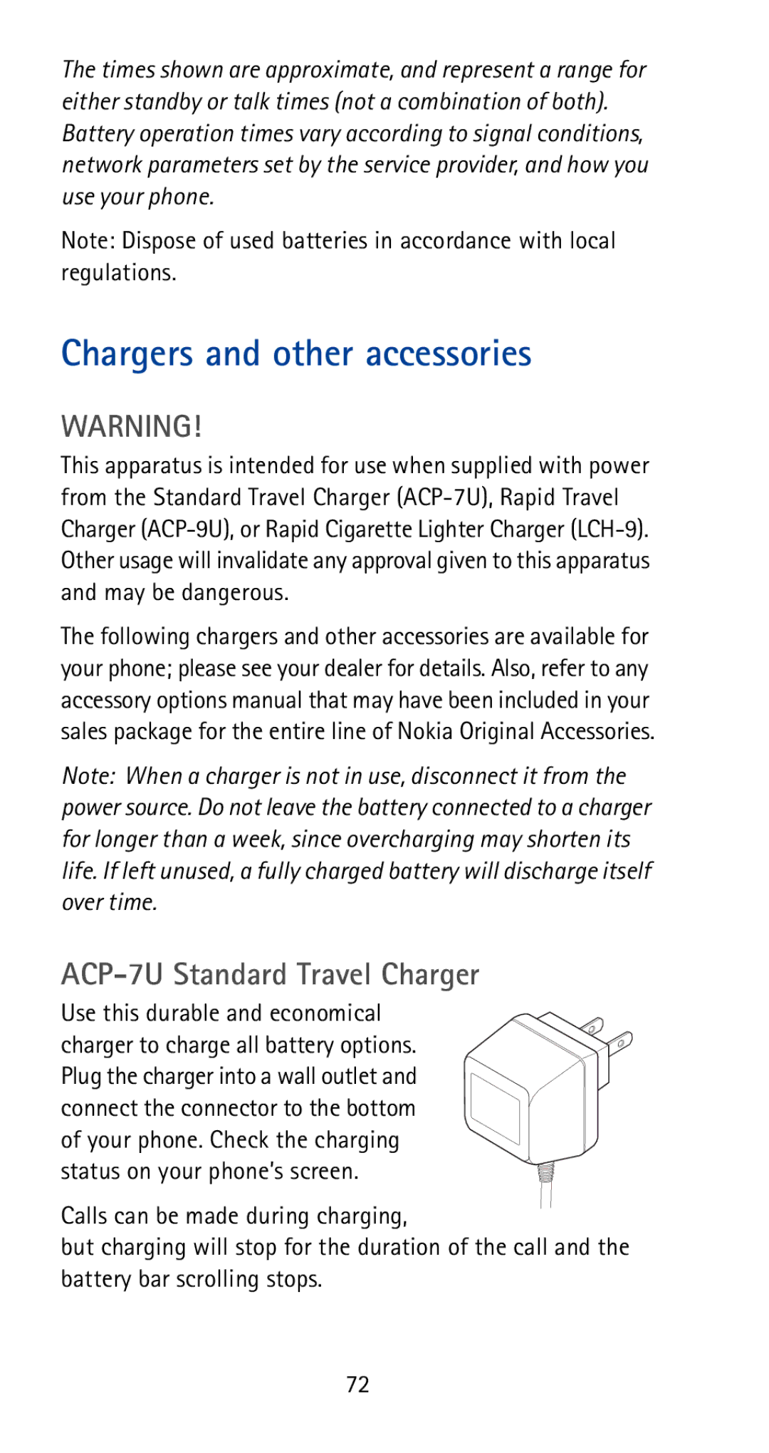 Nokia 5170i manual Chargers and other accessories, ACP-7U Standard Travel Charger 