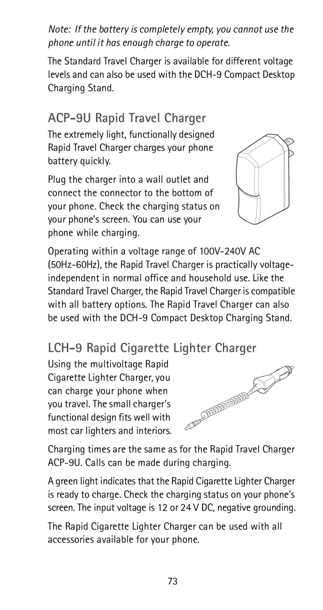 Nokia 5170i manual ACP-9U Rapid Travel Charger, LCH-9 Rapid Cigarette Lighter Charger 