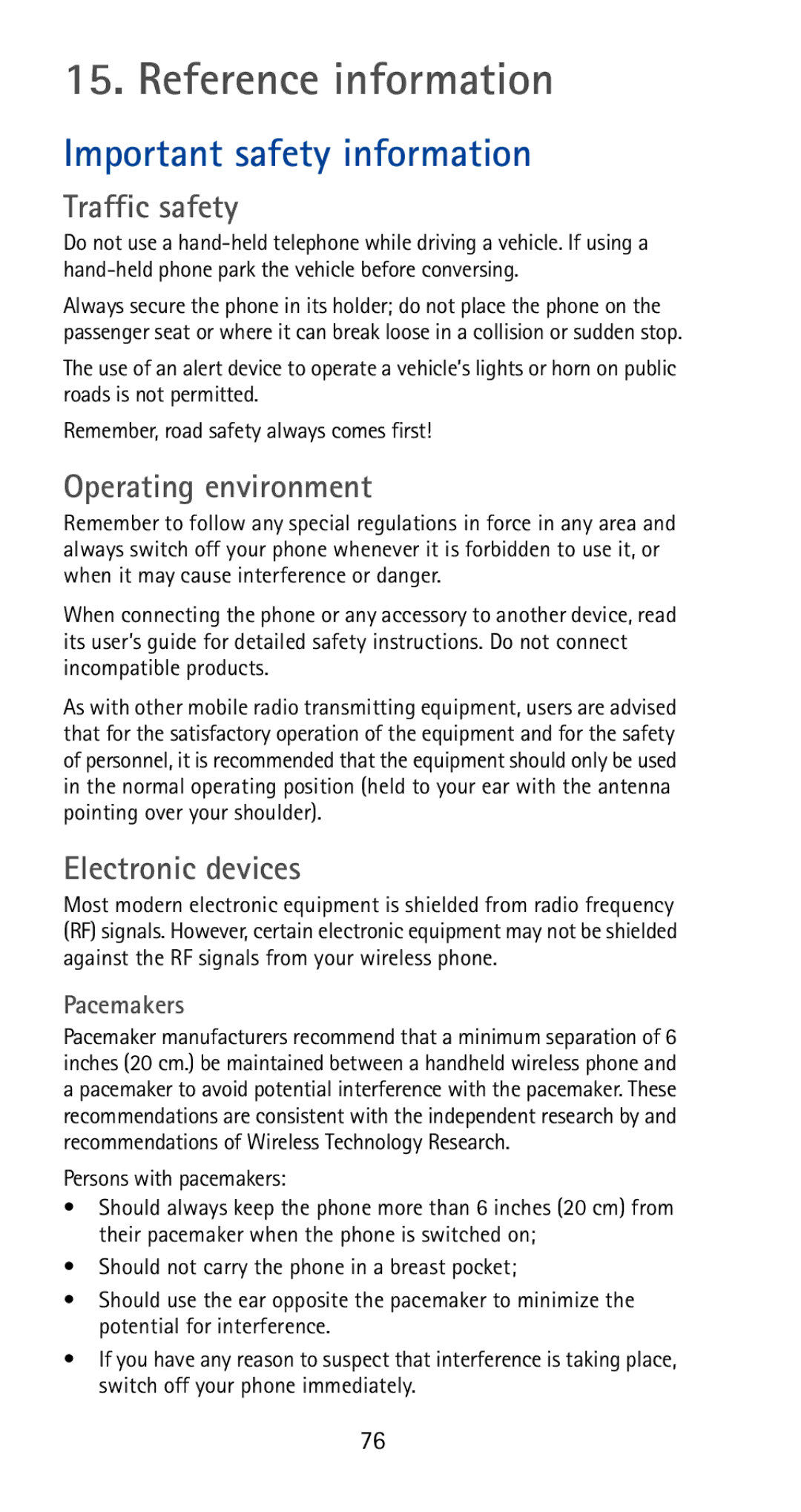 Nokia 5170i Reference information, Important safety information, Traffic safety, Operating environment, Electronic devices 