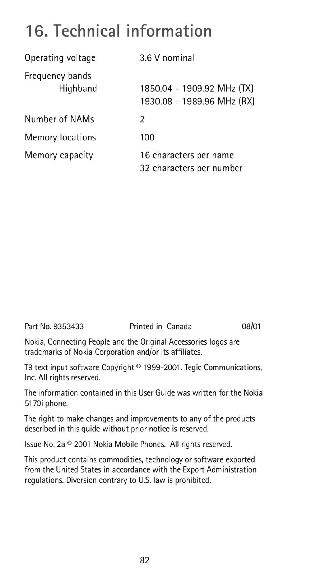 Nokia 5170i manual Technical information, Operating voltage Nominal Frequency bands Highband 